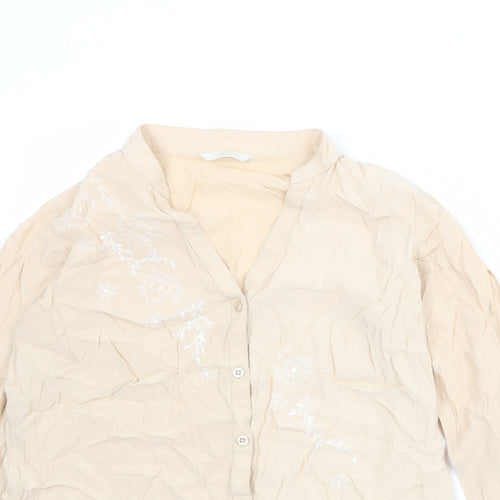 Marks and Spencer Womens Beige Viscose Basic Button-Up Size 12 V-Neck - Size 12-14