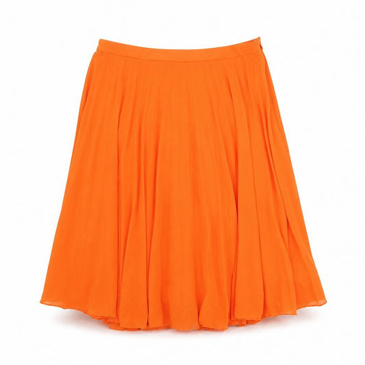 Front view of ASOS women’s orange polyester pleated skirt, size UK 6, zip