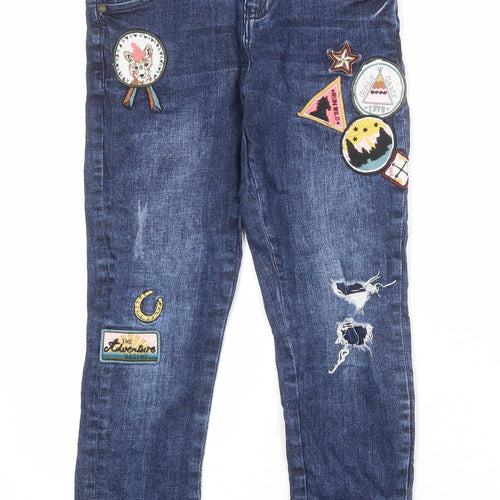 Marks and Spencer Girls Blue Cotton Skinny Jeans Size 8-9 Years Regular Zip - Badge Detail Distressed