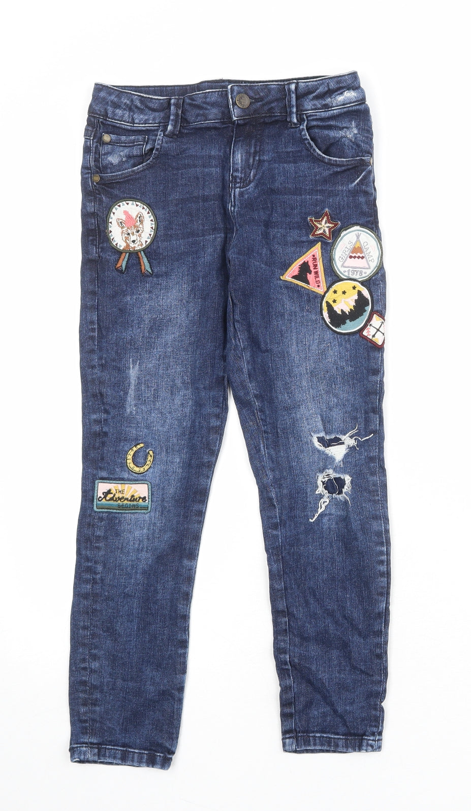 Marks and Spencer Girls Blue Cotton Skinny Jeans Size 8-9 Years Regular Zip - Badge Detail Distressed