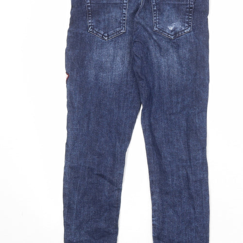 Marks and Spencer Girls Blue Cotton Skinny Jeans Size 8-9 Years Regular Zip - Badge Detail Distressed