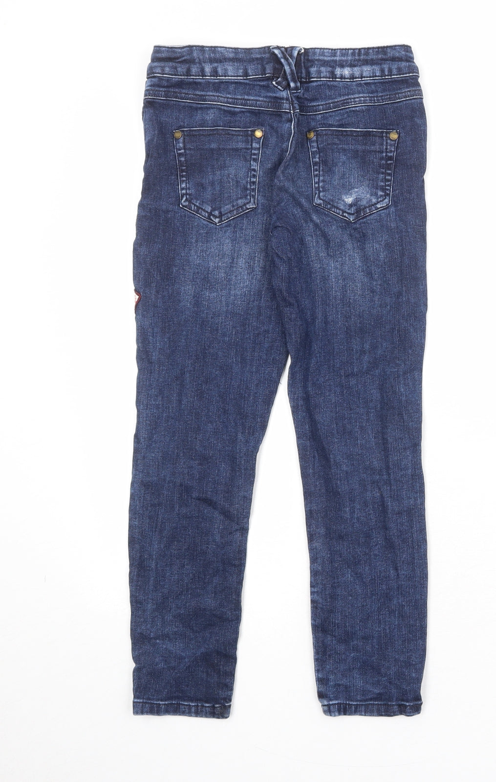 Marks and Spencer Girls Blue Cotton Skinny Jeans Size 8-9 Years Regular Zip - Badge Detail Distressed