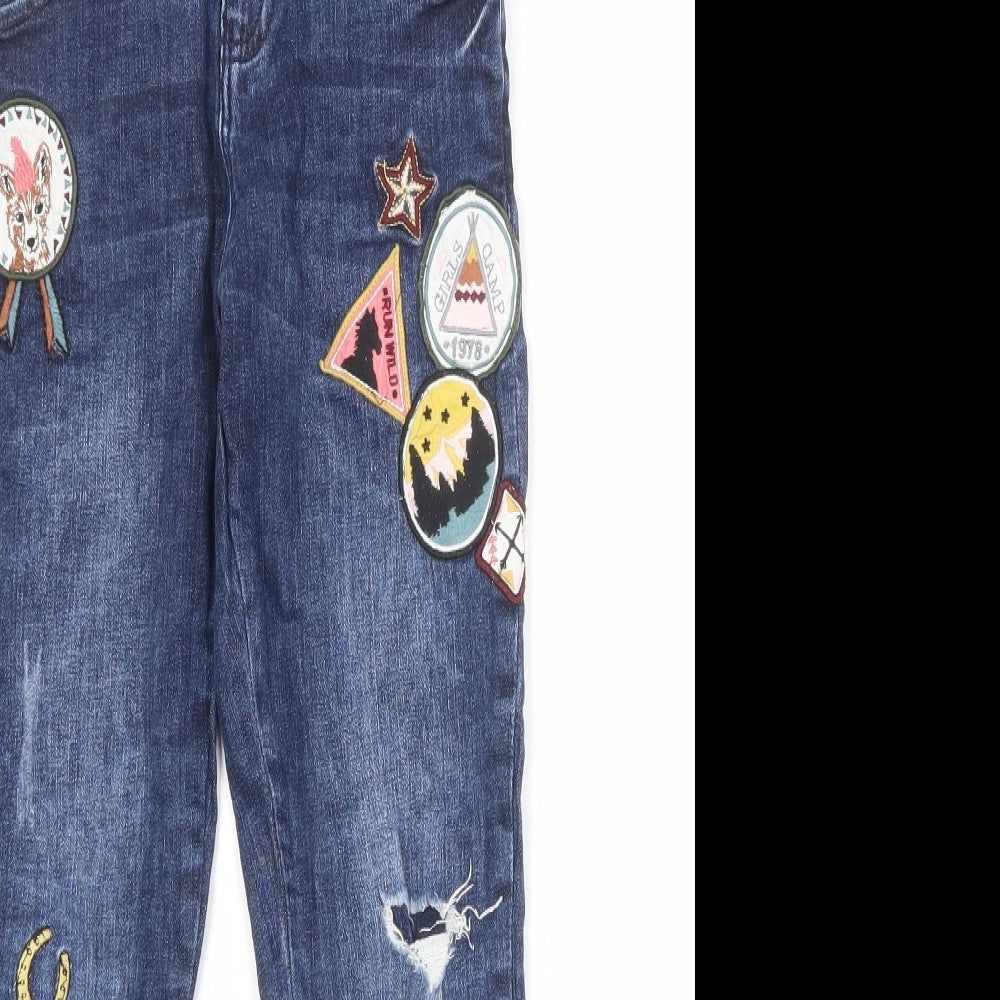 Marks and Spencer Girls Blue Cotton Skinny Jeans Size 8-9 Years Regular Zip - Badge Detail Distressed