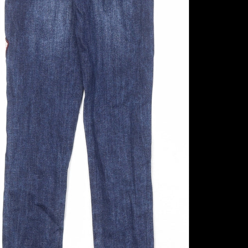 Marks and Spencer Girls Blue Cotton Skinny Jeans Size 8-9 Years Regular Zip - Badge Detail Distressed