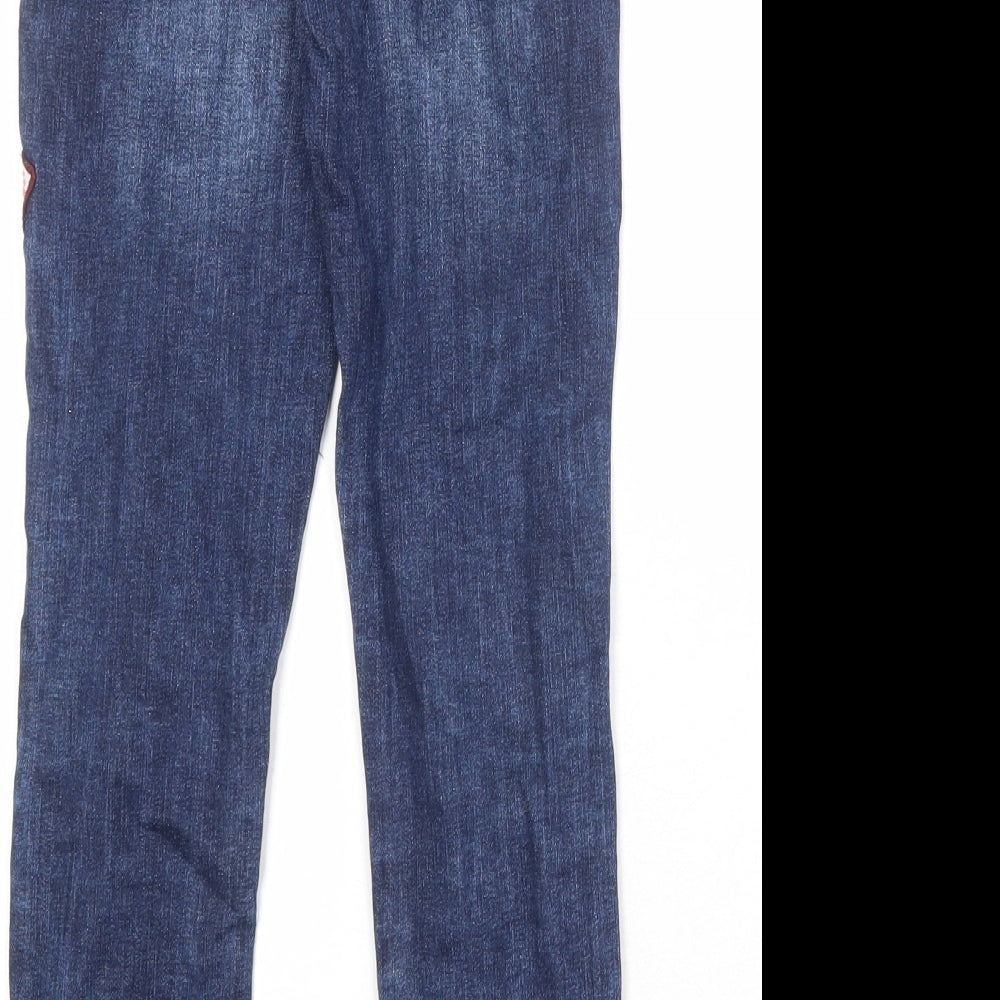 Marks and Spencer Girls Blue Cotton Skinny Jeans Size 8-9 Years Regular Zip - Badge Detail Distressed