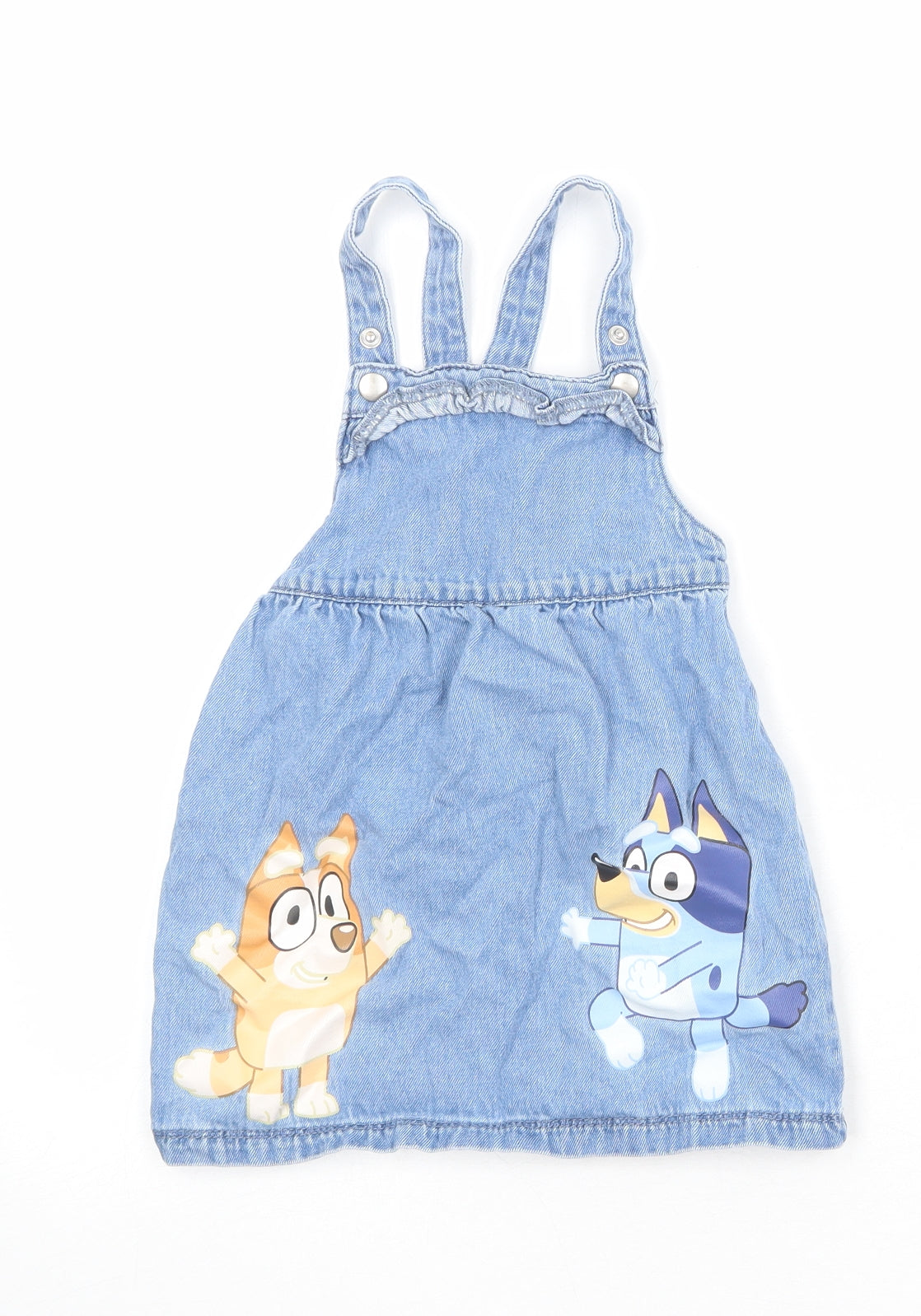 Bluey Girls Blue 100% Cotton Pinafore/Dungaree Dress Size 3-4 Years Square Neck Snap