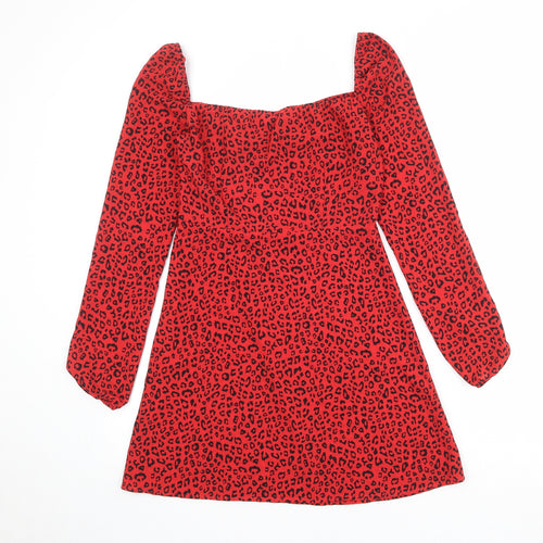 Divided by H&M Womens Red Animal Print Polyester A-Line Size 10 Sweetheart Zip - Leopard Print