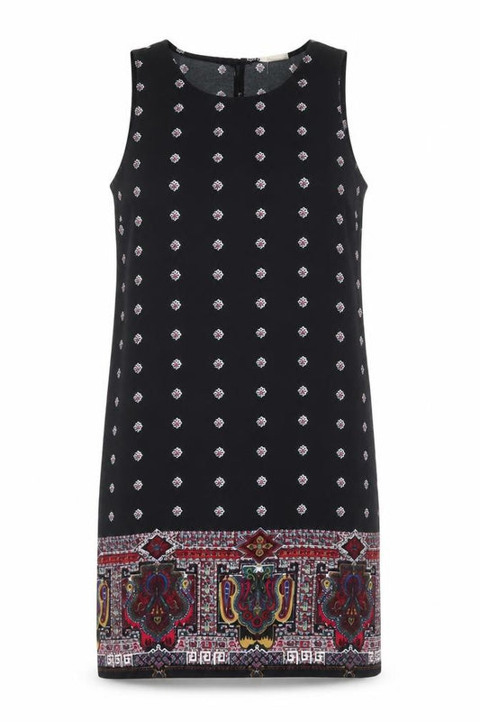 Front view of Staring at Stars women’s black geometric polyester tank dress, size L, round neck button