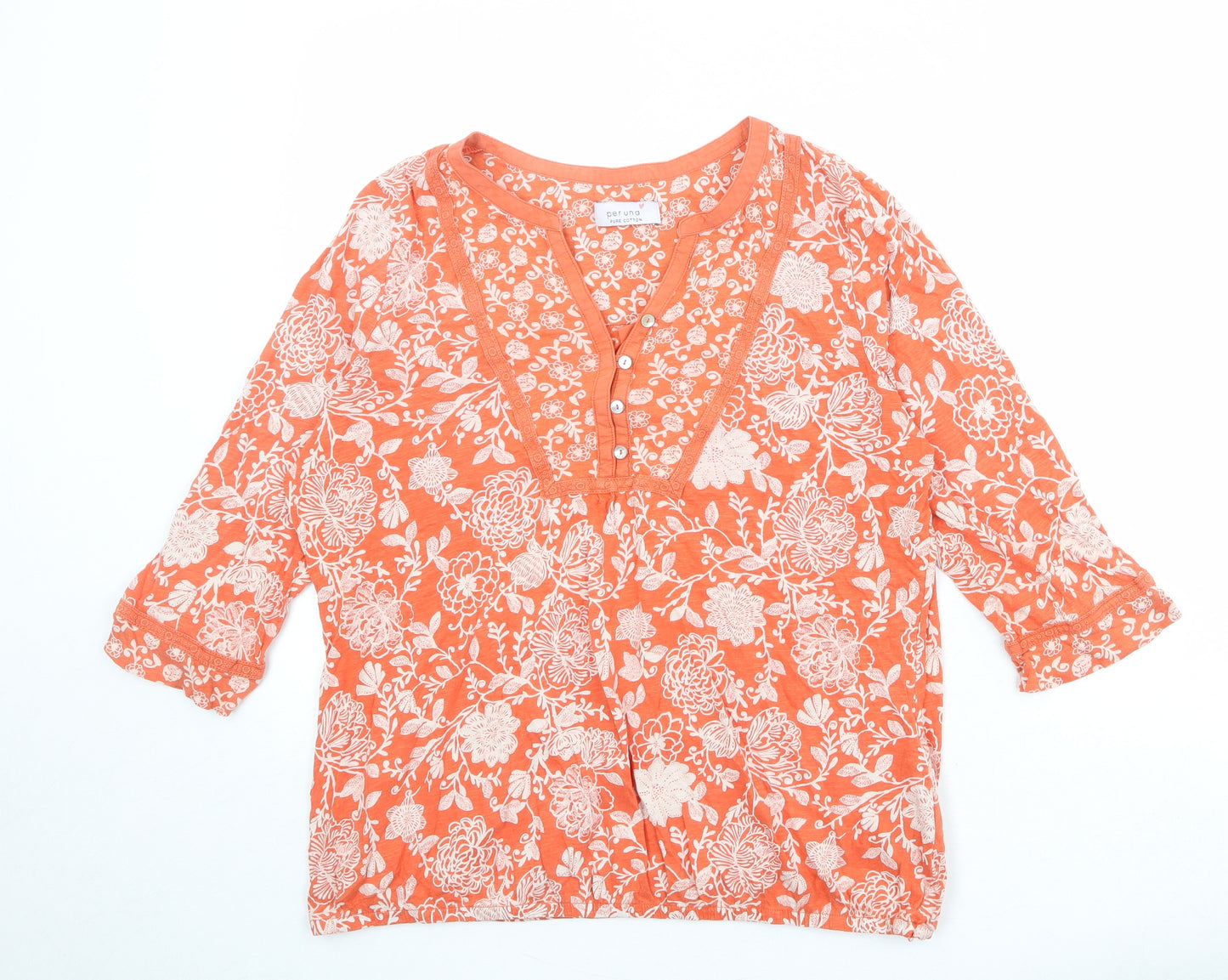 Per Una Womens Orange Floral 100% Cotton Basic Blouse Size 16 V-Neck