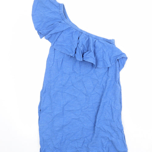 Warehouse Womens Blue Cotton Mini Size 10 Off the Shoulder Zip - Asymmetric Neckline