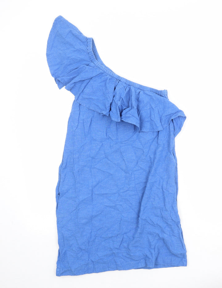Warehouse Womens Blue Cotton Mini Size 10 Off the Shoulder Zip - Asymmetric Neckline