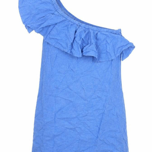 Warehouse Womens Blue Cotton Mini Size 10 Off the Shoulder Zip - Asymmetric Neckline