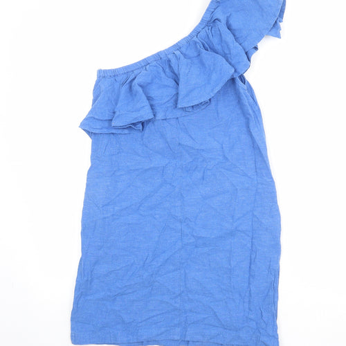 Warehouse Womens Blue Cotton Mini Size 10 Off the Shoulder Zip - Asymmetric Neckline