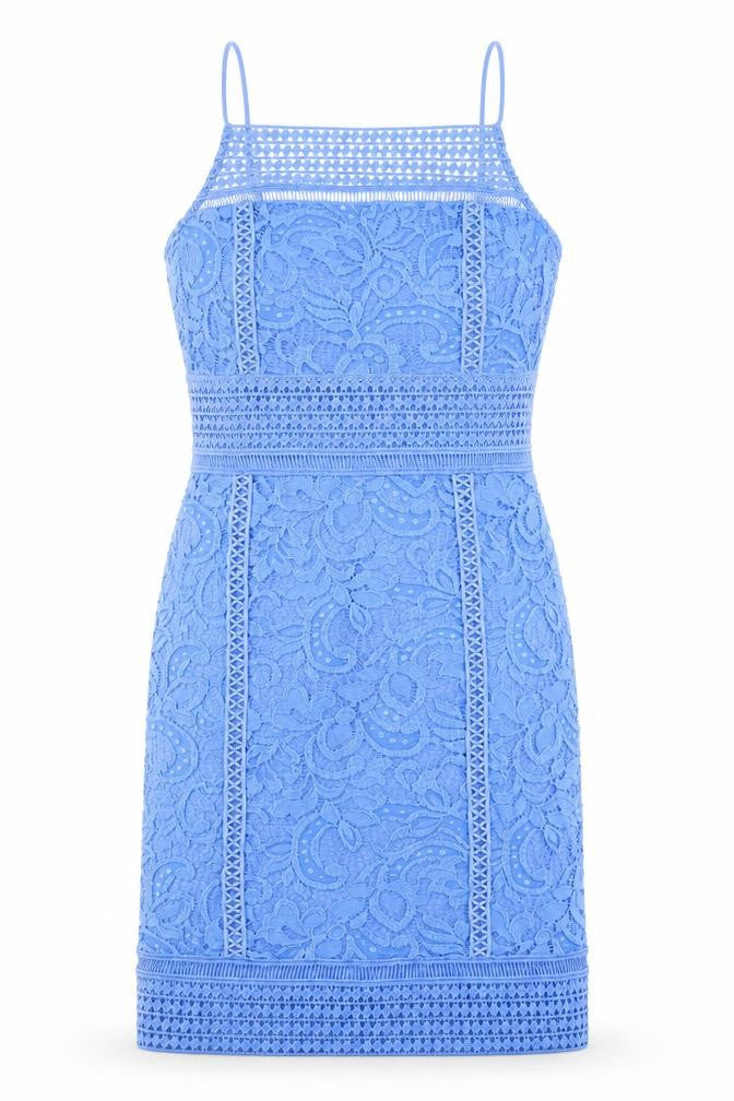 Front view of Topshop women’s blue polyester sheath, size UK 10, square neck zip