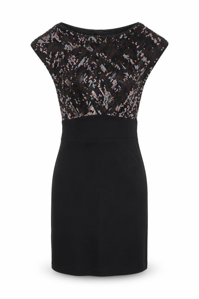 Front view of H&M women’s black polyester pencil dress, size UK 10, boat neck pullover