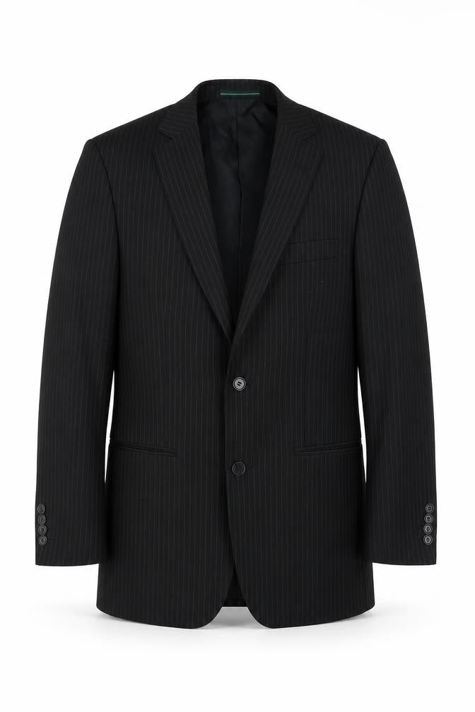 Front view of Greenwoods men’s black striped polyester jacket suit jacket, size 36, regular