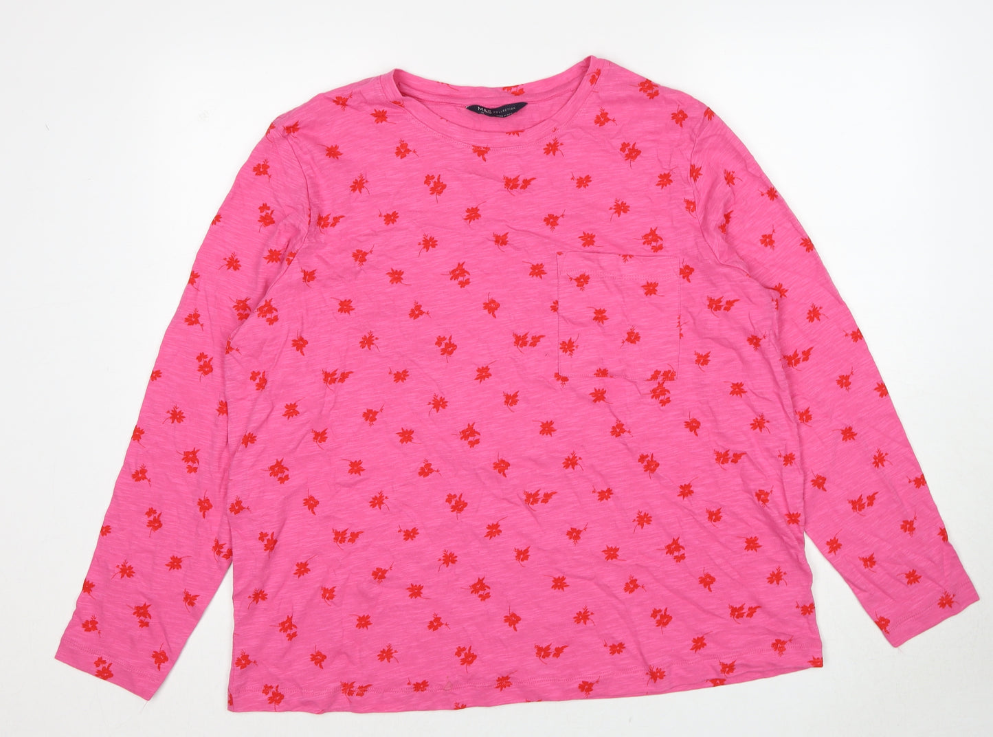 Marks and Spencer Womens Pink Floral Cotton Basic T-Shirt Size 18 Round Neck