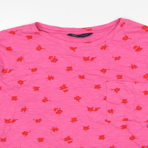Marks and Spencer Womens Pink Floral Cotton Basic T-Shirt Size 18 Round Neck