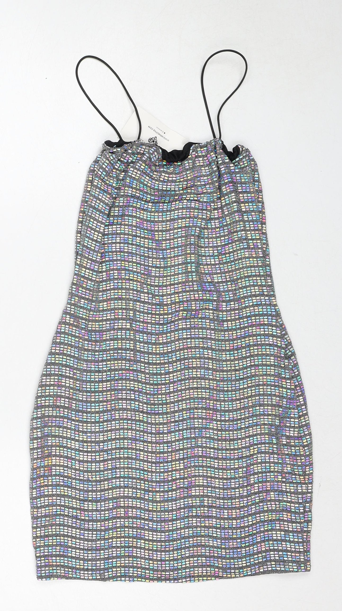 In the Style Womens Silver Geometric Nylon Mini Size 8 Square Neck Pullover