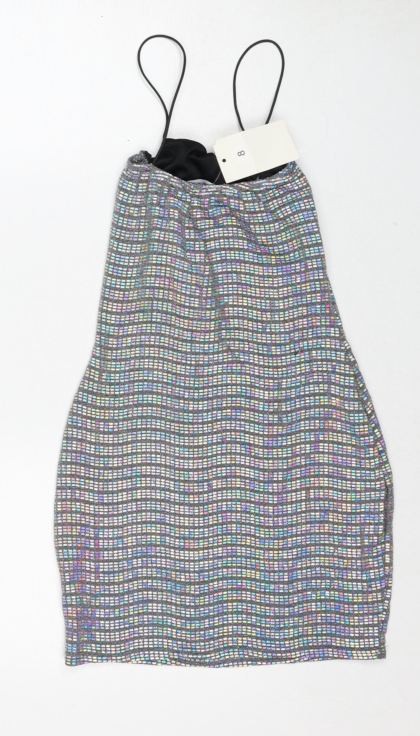 In the Style Womens Silver Geometric Nylon Mini Size 8 Square Neck Pullover
