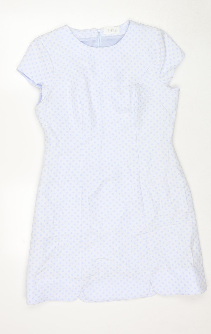 Savida Womens Blue Polka Dot Polyester Shift Size 14 Round Neck Zip