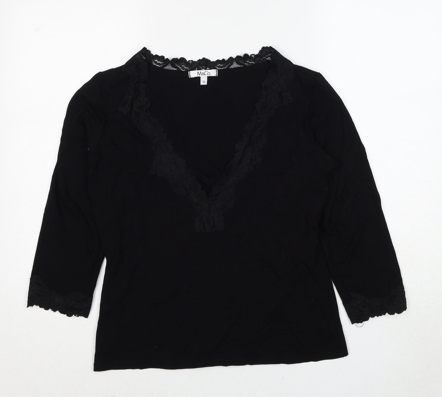 M&Co Womens Black Viscose Basic Blouse Size 14 V-Neck - Lace Trim