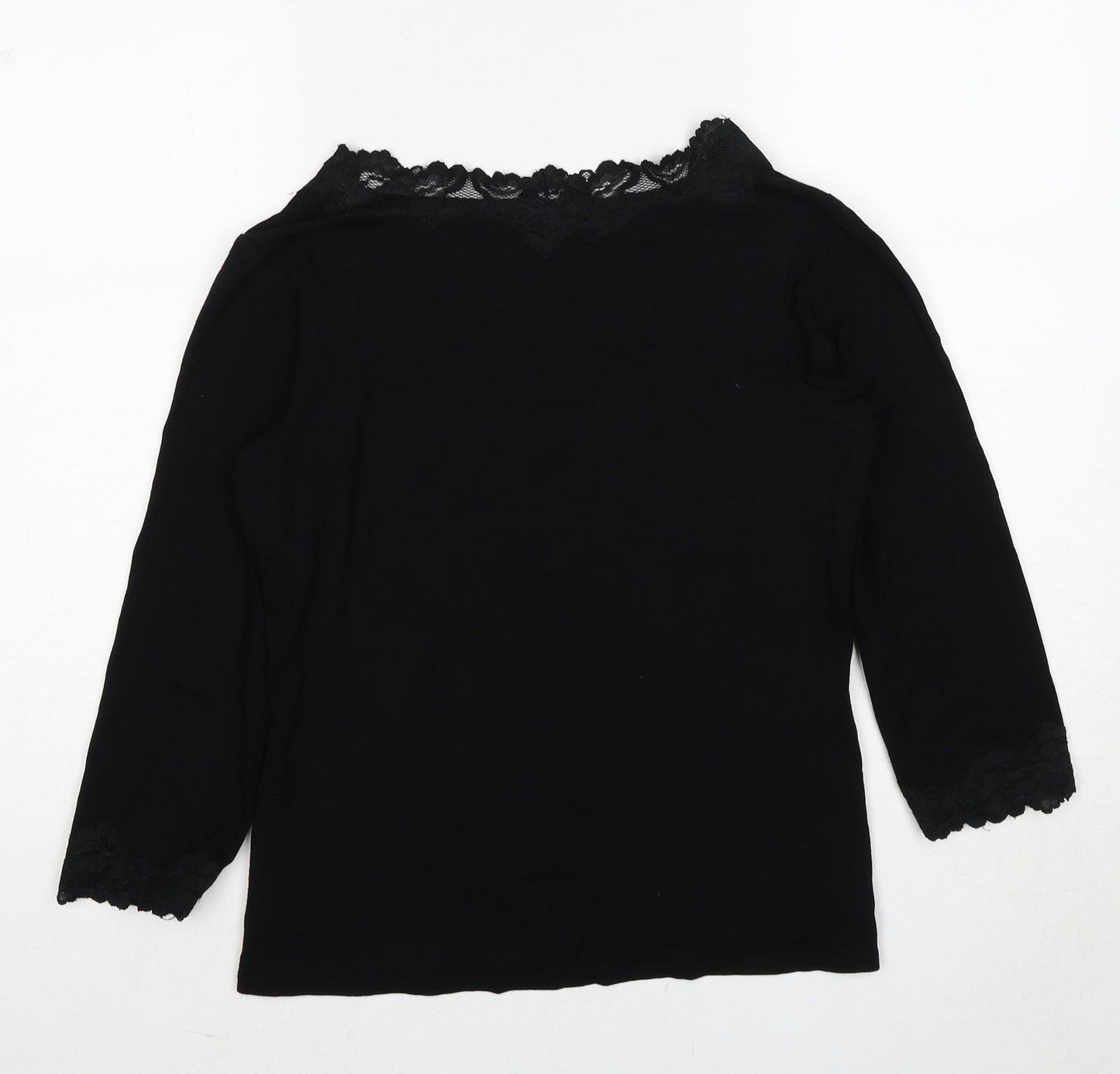 M&Co Womens Black Viscose Basic Blouse Size 14 V-Neck - Lace Trim