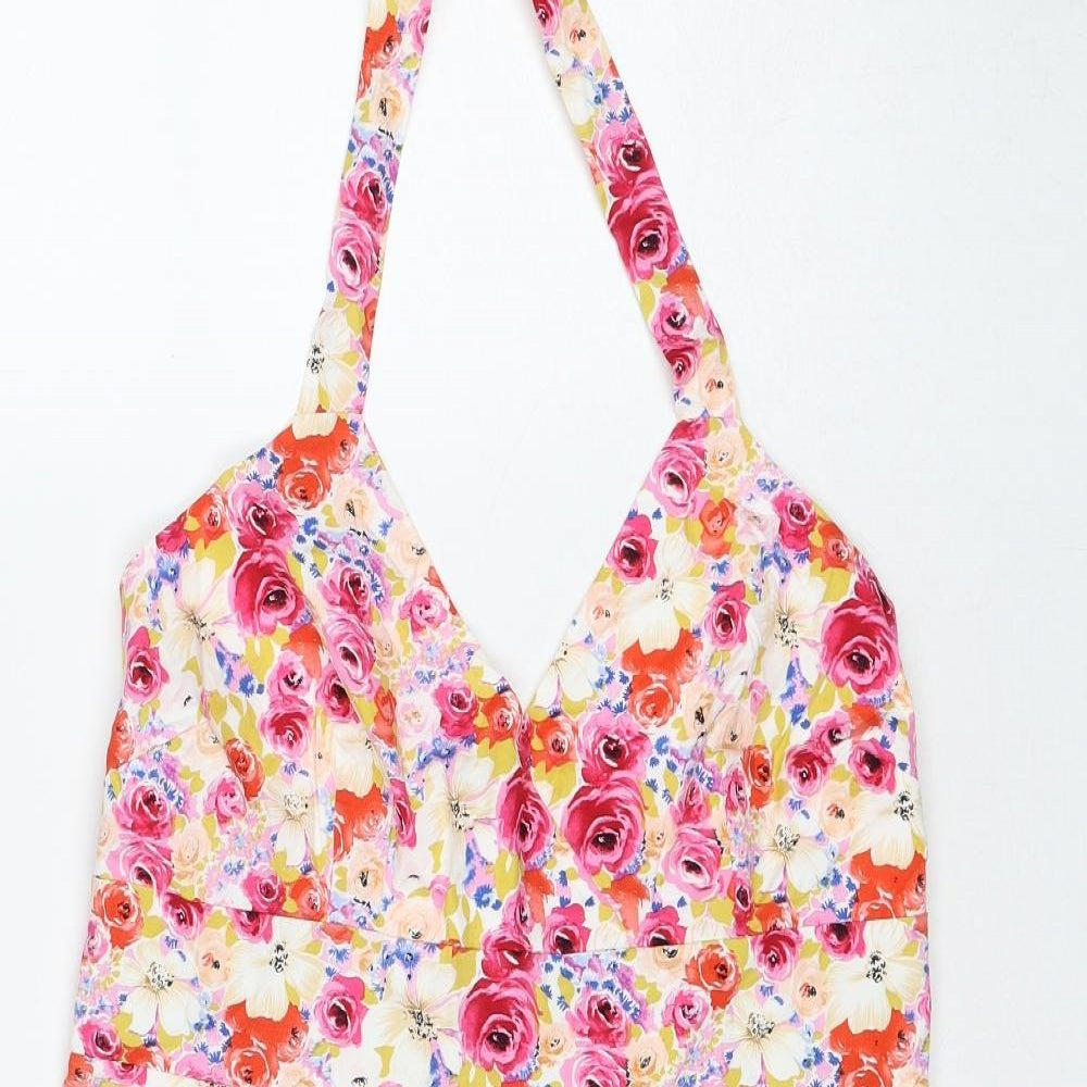 Debenhams Womens Multicoloured Floral Cotton A-Line Size 16 V-Neck Zip