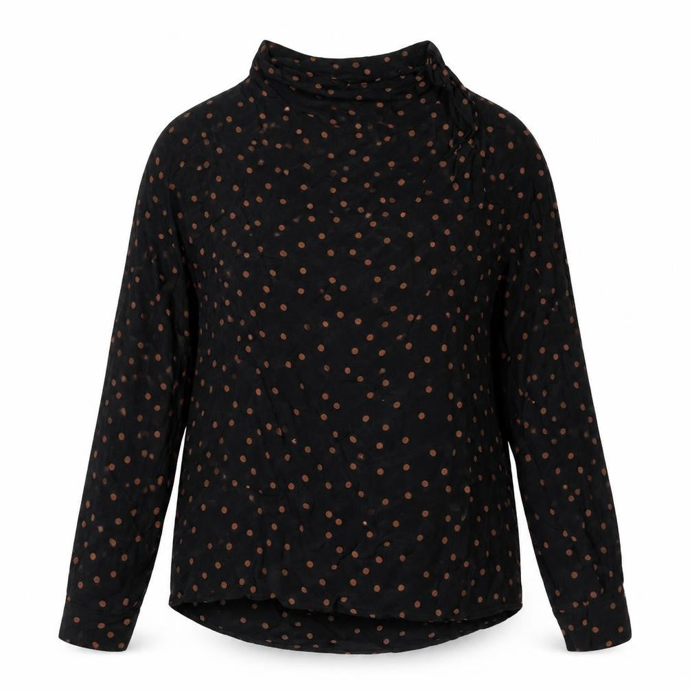 Front view of Topshop women’s black polka dot viscose basic blouse, size UK 14, high neck