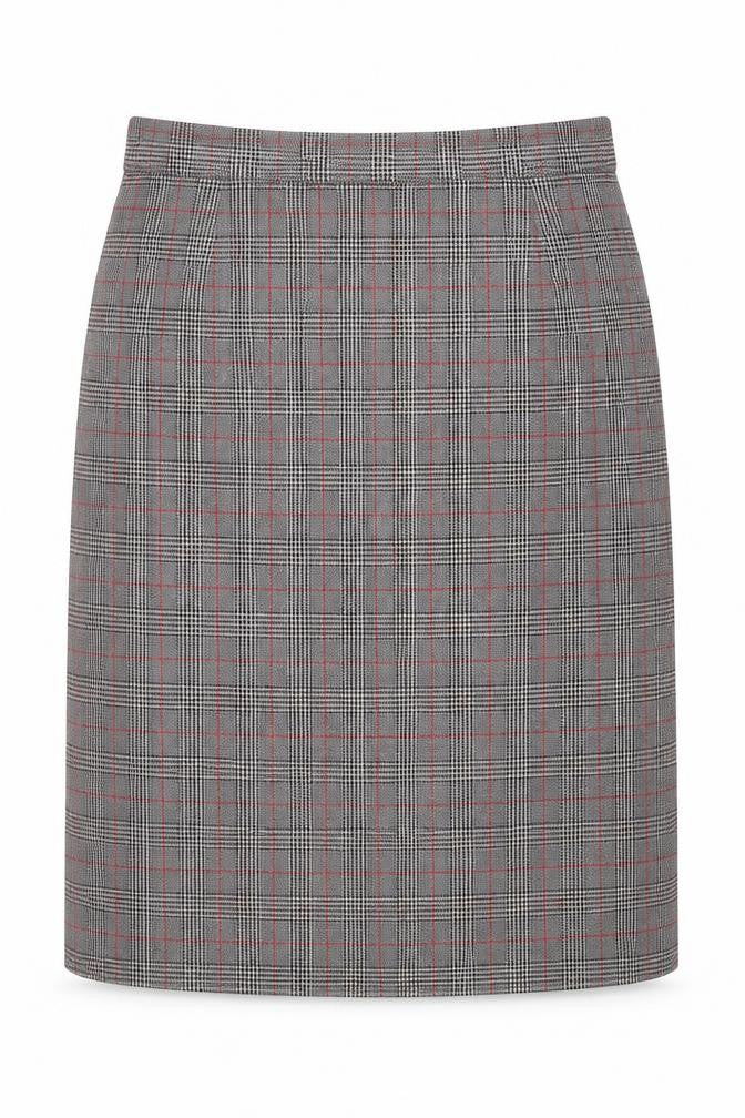 Front view of Marks & Spencer women’s grey plaid polyester a-line skirt, size UK 10, zip