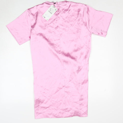 Zara Womens Pink Polyester T-Shirt Dress Size S Round Neck Zip - Twist Detail