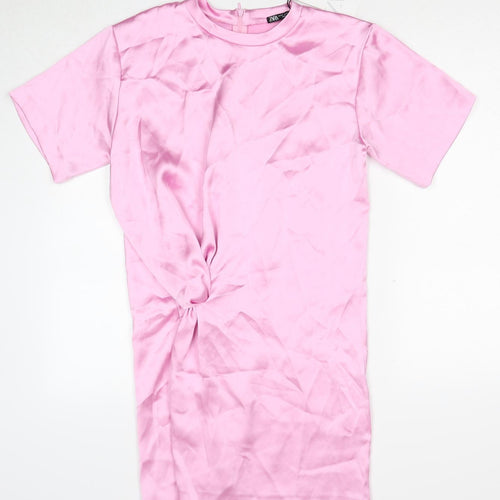 Zara Womens Pink Polyester T-Shirt Dress Size XS Round Neck Zip - Twist Detail