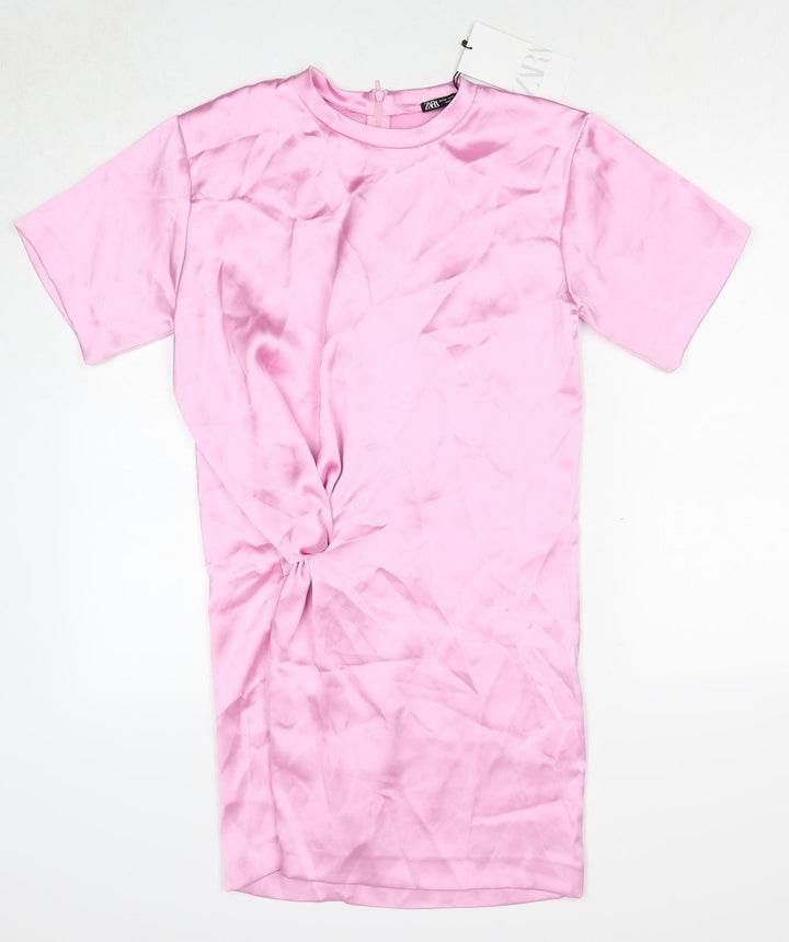 Zara Womens Pink Polyester T-Shirt Dress Size XS Round Neck Zip - Twist Detail