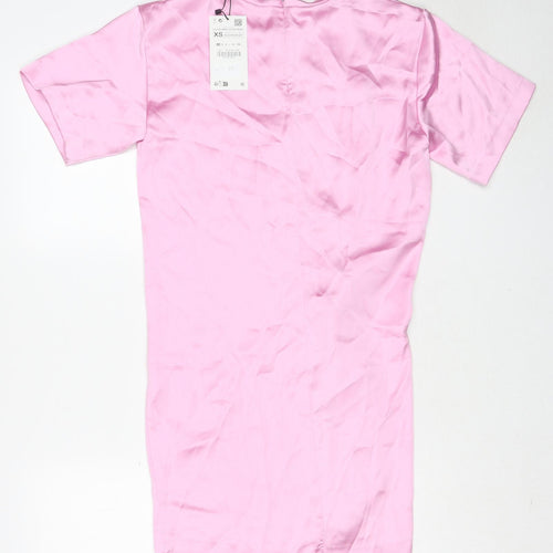 Zara Womens Pink Polyester T-Shirt Dress Size XS Round Neck Zip - Twist Detail