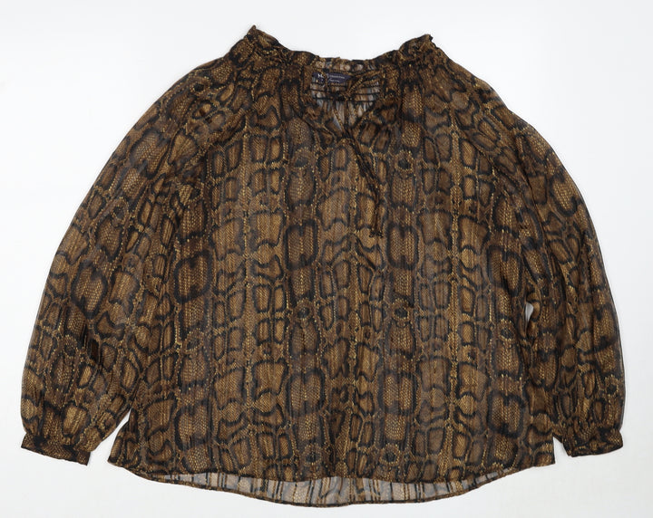 Marks and Spencer Womens Brown Animal Print Polyester Basic Blouse Size 8 V-Neck - Snakeskin Pattern