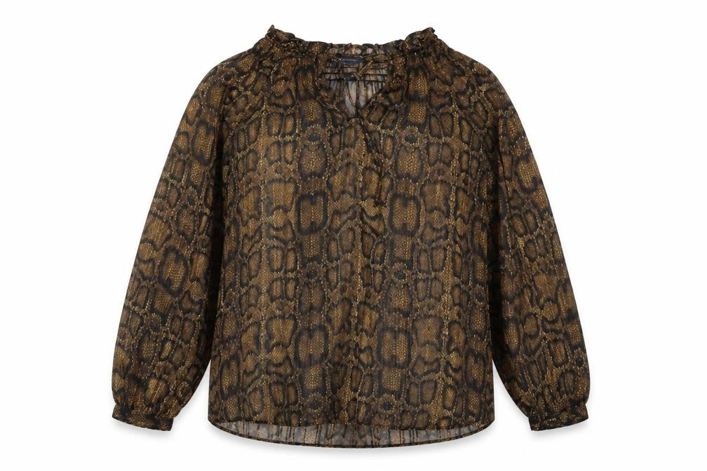 Front view of Marks & Spencer women’s brown animal print polyester basic blouse, size UK 8, v-neck - snakeskin pattern