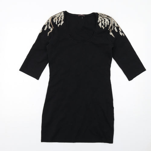 Miss Selfridge Womens Black Cotton Mini Size 12 Scoop Neck Pullover