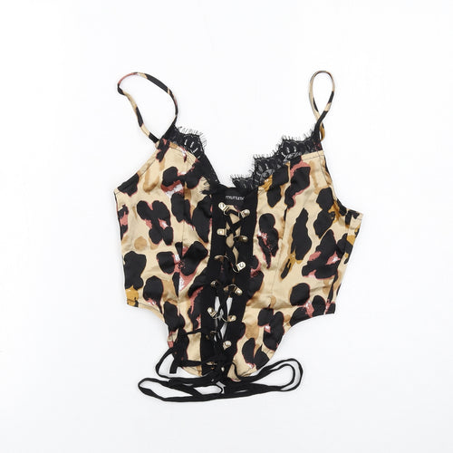 PRETTYLITTLETHING Womens Brown Animal Print Polyester Cropped Tank Size 6 V-Neck - Leopard Pattern