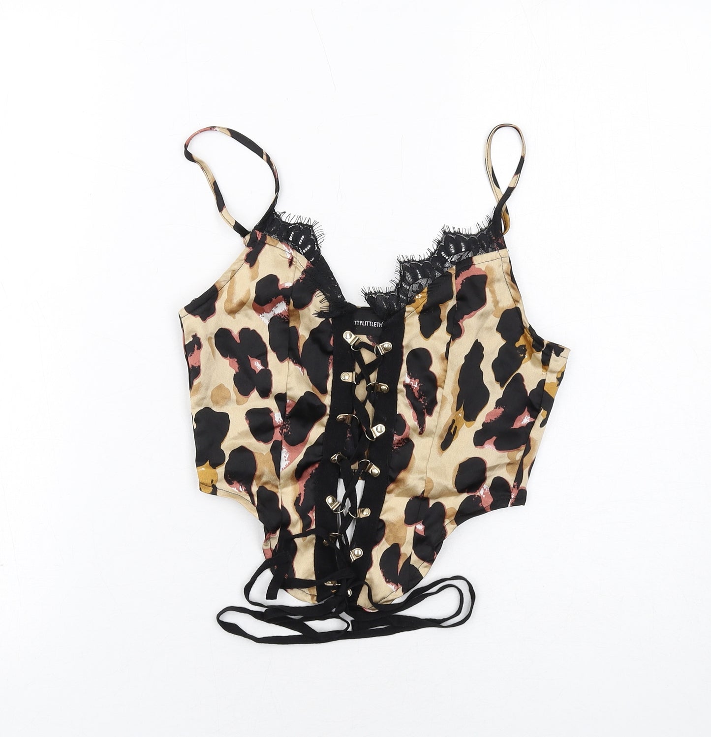 PRETTYLITTLETHING Womens Brown Animal Print Polyester Cropped Tank Size 6 V-Neck - Leopard Pattern