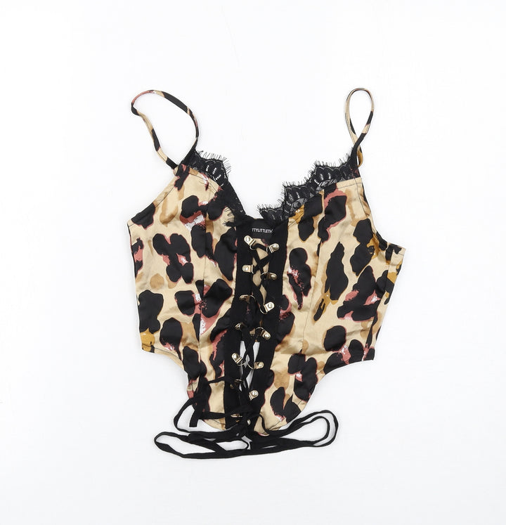 PRETTYLITTLETHING Womens Brown Animal Print Polyester Cropped Tank Size 6 V-Neck - Leopard Pattern
