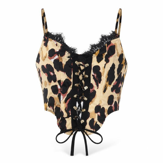 Front view of PRETTYLITTLETHING women’s brown animal print polyester cropped tank, size UK 6, v-neck - leopard pattern