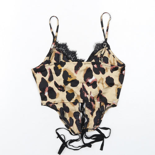 PRETTYLITTLETHING Womens Brown Animal Print Polyester Cropped Tank Size 6 V-Neck - Leopard Pattern