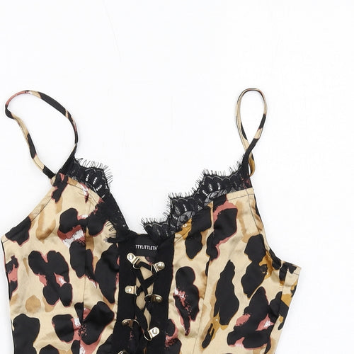 PRETTYLITTLETHING Womens Brown Animal Print Polyester Cropped Tank Size 6 V-Neck - Leopard Pattern