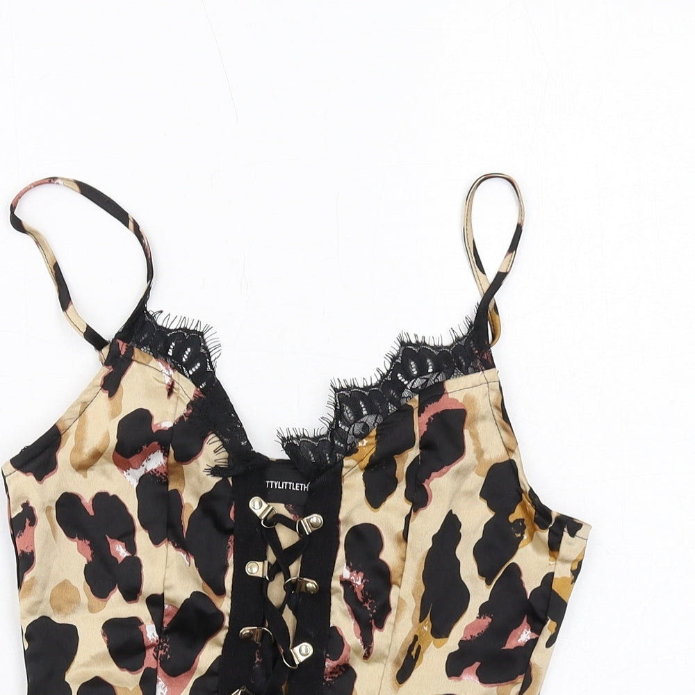 PRETTYLITTLETHING Womens Brown Animal Print Polyester Cropped Tank Size 6 V-Neck - Leopard Pattern