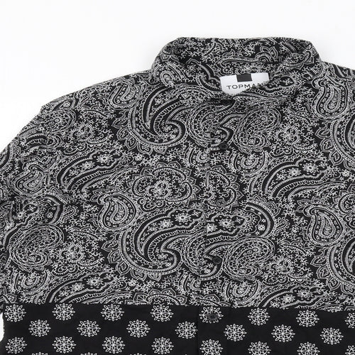 Topman Mens Black Geometric Cotton Button-Up Size L Collared Button