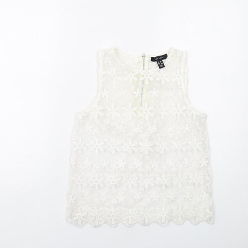 New Look Womens White Floral Polyester Basic Tank Size 10 Round Neck