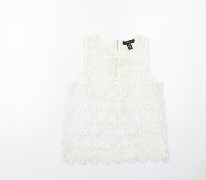 New Look Womens White Floral Polyester Basic Tank Size 10 Round Neck