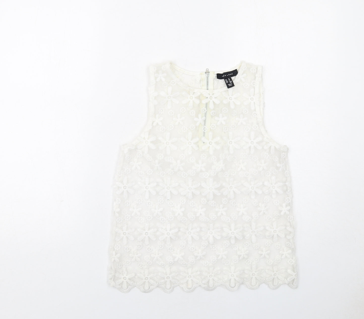 New Look Womens White Floral Polyester Basic Tank Size 10 Round Neck