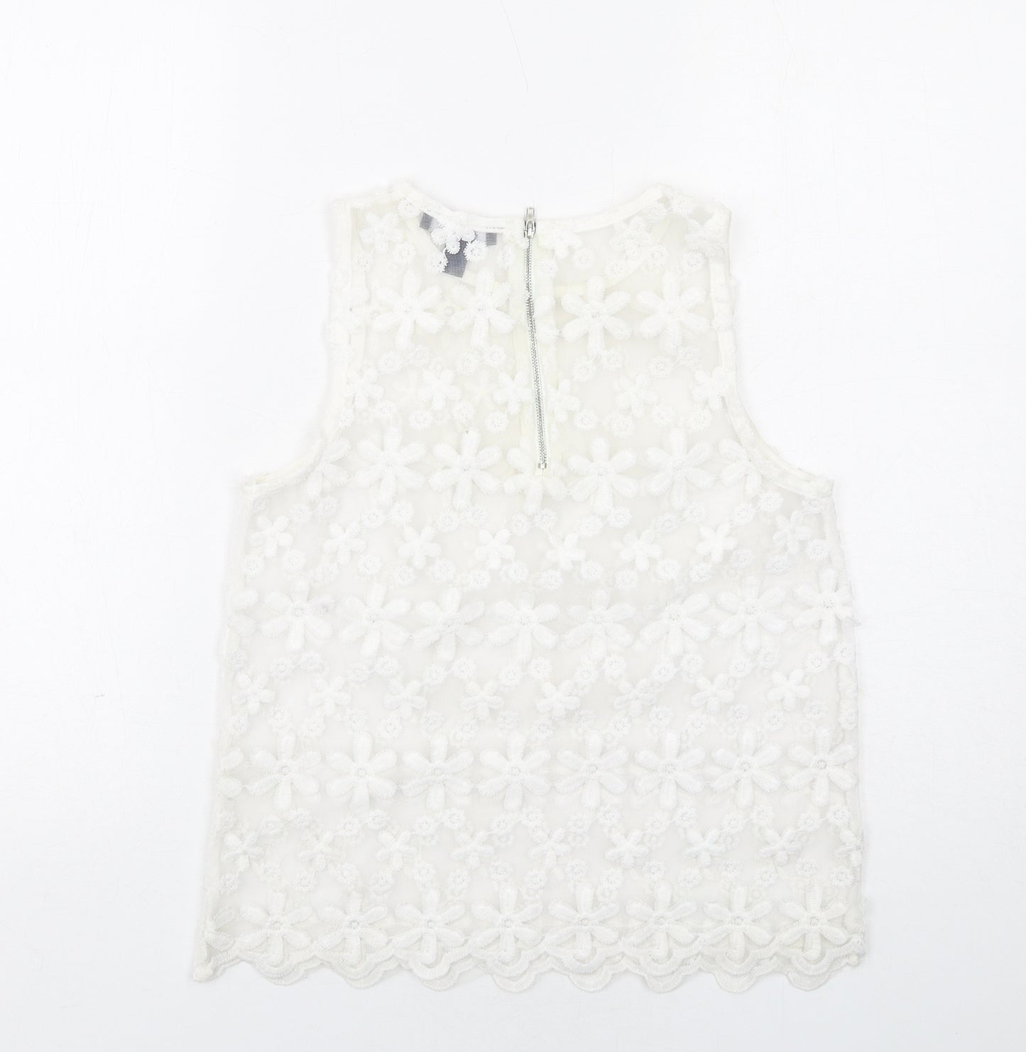New Look Womens White Floral Polyester Basic Tank Size 10 Round Neck