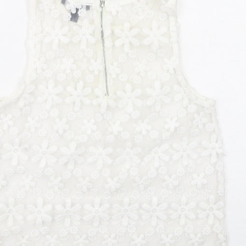 New Look Womens White Floral Polyester Basic Tank Size 10 Round Neck